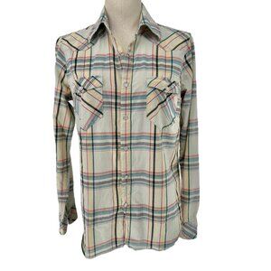 Wrangler Western Shirt Womens Large Plaid Long Sleeve Pearl Snap Shirt Beige